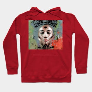 Beautiful girl face, ovarlay with some shapes. Gray, red. Interesting. Hoodie